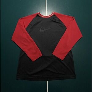 VTG Y2K Nike Long Sleeve Ringer Shirt Men's XL Black Red Swoosh Striped Collar